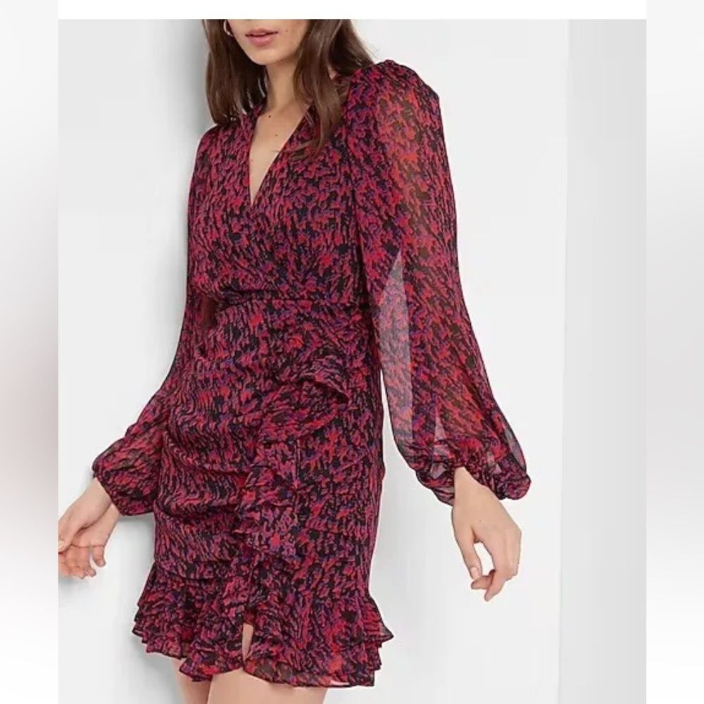 NWT Express Abstract Print Faux Wrap Ruffle Mini Dress Sz M